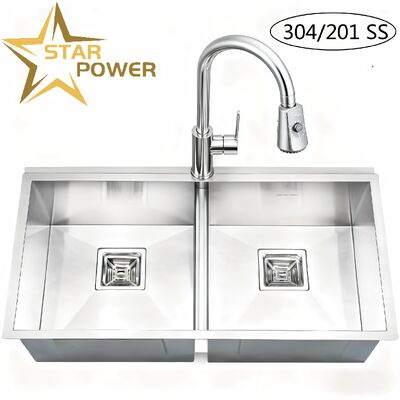Guter Preis STAR POWER Bürste 304 Edelstahl Handgefertigte Küchenspüle mit Doppelschüssel-Design und Ausziehhahn Online