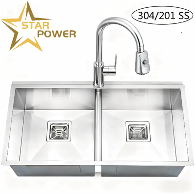 Qualität  STAR POWER Brushed 304 Stainless Steel Handmade Kitchen Sink with Double-Bowl Design and Pull-Out Faucet Fabrik