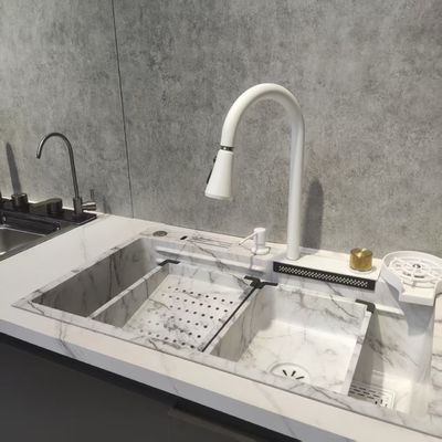 Guter Preis Top-Montage-/Einbau-Küchenspüle Weiß Multifunktionale Küchenspüle Doppelbecken-Top-Mount-Edelstahl | Kundenspezifische Stahllehre verfügbar | Individuelle Beckentiefe verfügbar | Rostfrei und korrosionsbeständig Online
