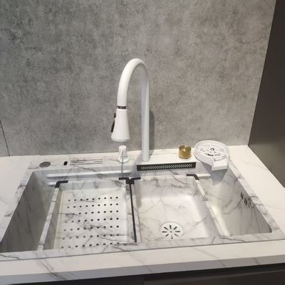 Weißer multifunktionaler Küchenspültisch mit Doppelbecken, aufliegend, Edelstahl