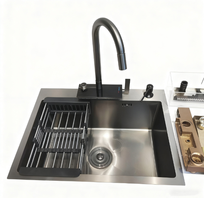 304 Edelstahl Küchenspülbecken-Set | Hochwertiges handgefertigtes tiefes Waschbecken mit schallgedämpftem, kondensationshemmendem Hochbogen-Küchenarmatur | Individuelle Beckentiefe erhältlich | Individuelle Stahlstärke erhältlich