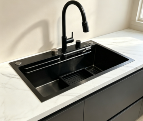 Qualität Unterbau-/Einbauspüle 304 Edelstahl Spülbecken mit Einzelbecken | Artisan Handgefertigte Nano-Schwarz-Matt-Spüle, Handpolierte Rostschutz-Bürstenoberfläche für moderne Küchenrenovierung im Haushalt | Individuelle Beckentiefe erhältlich | Individuelle Stahlstärke erhältlich Fabrik