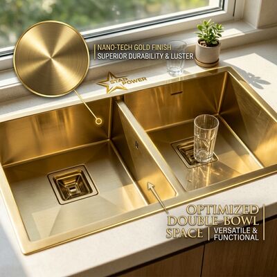 Guter Preis Gold-Toned Food-Grade 304 Stainless Steel Main Auxiliary Bowl Kitchen Sink Flush-Mount 900mm 250mm Deep Basin Online