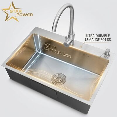 Guter Preis 18-Gauge 304 Edelstahl Doppelspülbecken Küchenspüle mit 300mm extra tiefem Becken und Aufkantenmontage Online