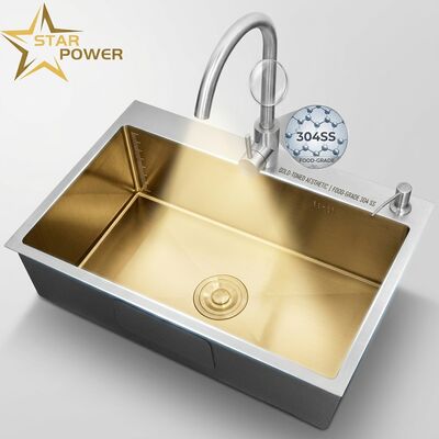 Guter Preis Lebensmittelqualität 304 SS Haupt- und Hilfsschüssel Küchenwaschbecken Gold-Toned Flush-Mount 900mm 250mm Tiefenbecken Online
