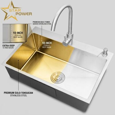 Guter Preis Unterbau-/Einbauspüle aus SUS304 Edelstahl, Haupt- und Zusatzbecken, goldfarbene Unterbauspüle, 700 mm, 10 Zoll extra tiefes Becken | Individuelle Beckentiefe verfügbar | Individuelle Stahlstärke verfügbar Online