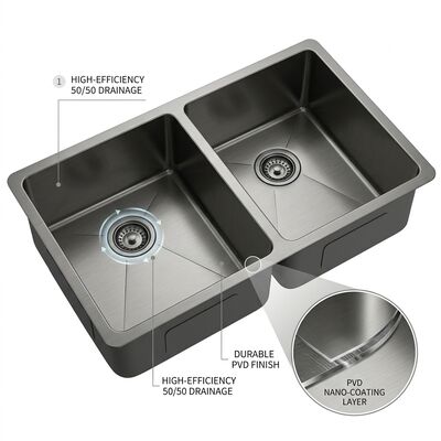 Guter Preis PVD Gunmetal 304 aus Edelstahl Küchenwaschbecken, Doppelbecken 50/50, Schalldämpfende Gummipolster beschichtet Online